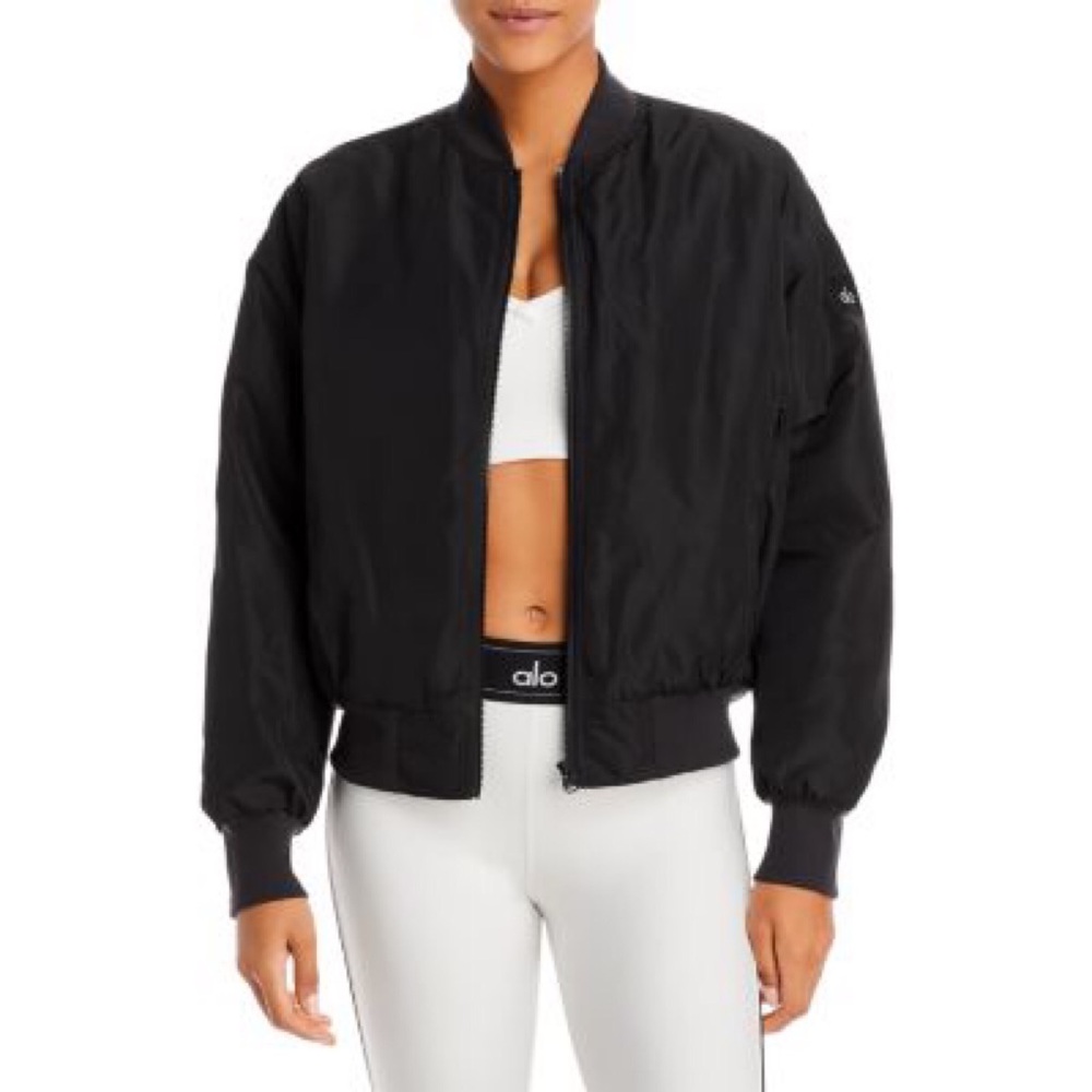 Alo Yoga Faux Fur Urbanite Bomber Jacket in Black/Ivory XS - Picture 13 of 16